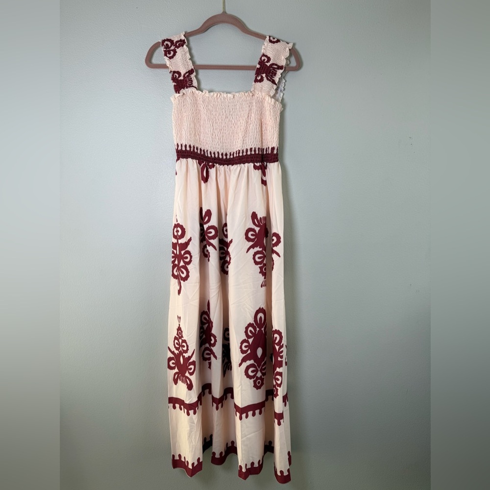 Boho Maxi Dress with Burgundy Embroidery and stretchy bust